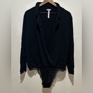 Intimately Free People Elsa Black Long Sleeve Bodysuit w/ Lace Snap Bottom Large